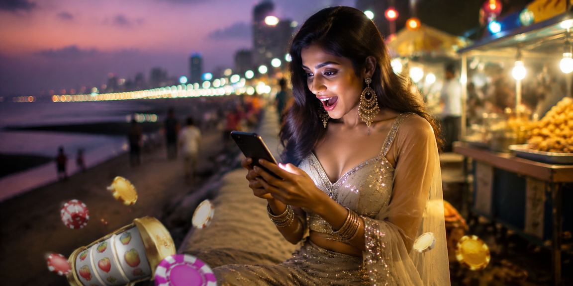 Indian woman enjoying mobile casino on Marina Beach